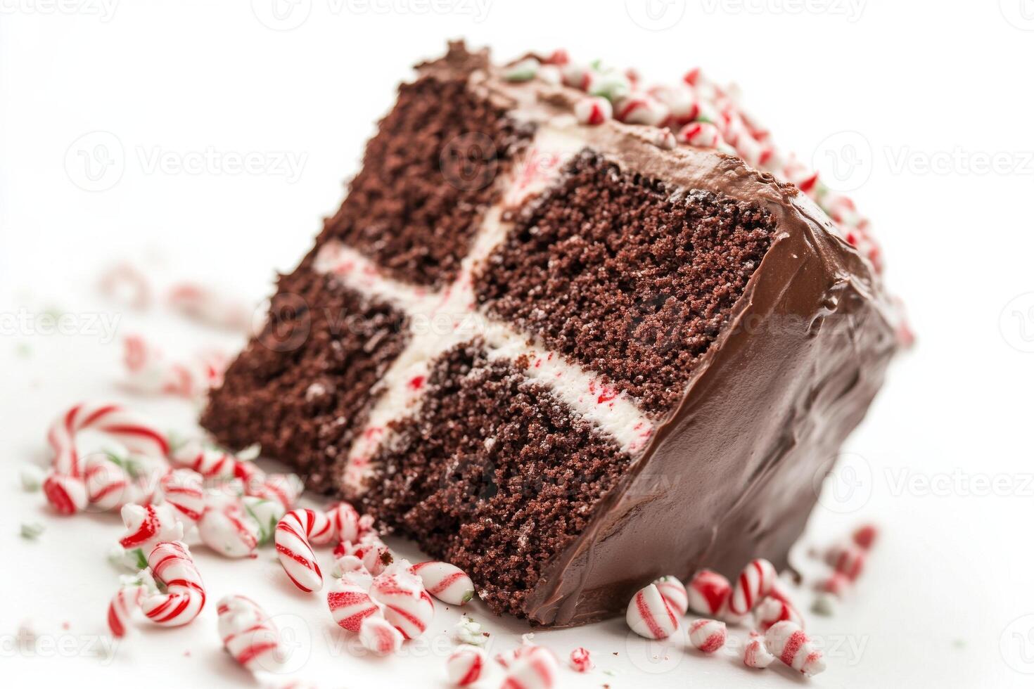 A piece of chocolate cake with candy canes photo