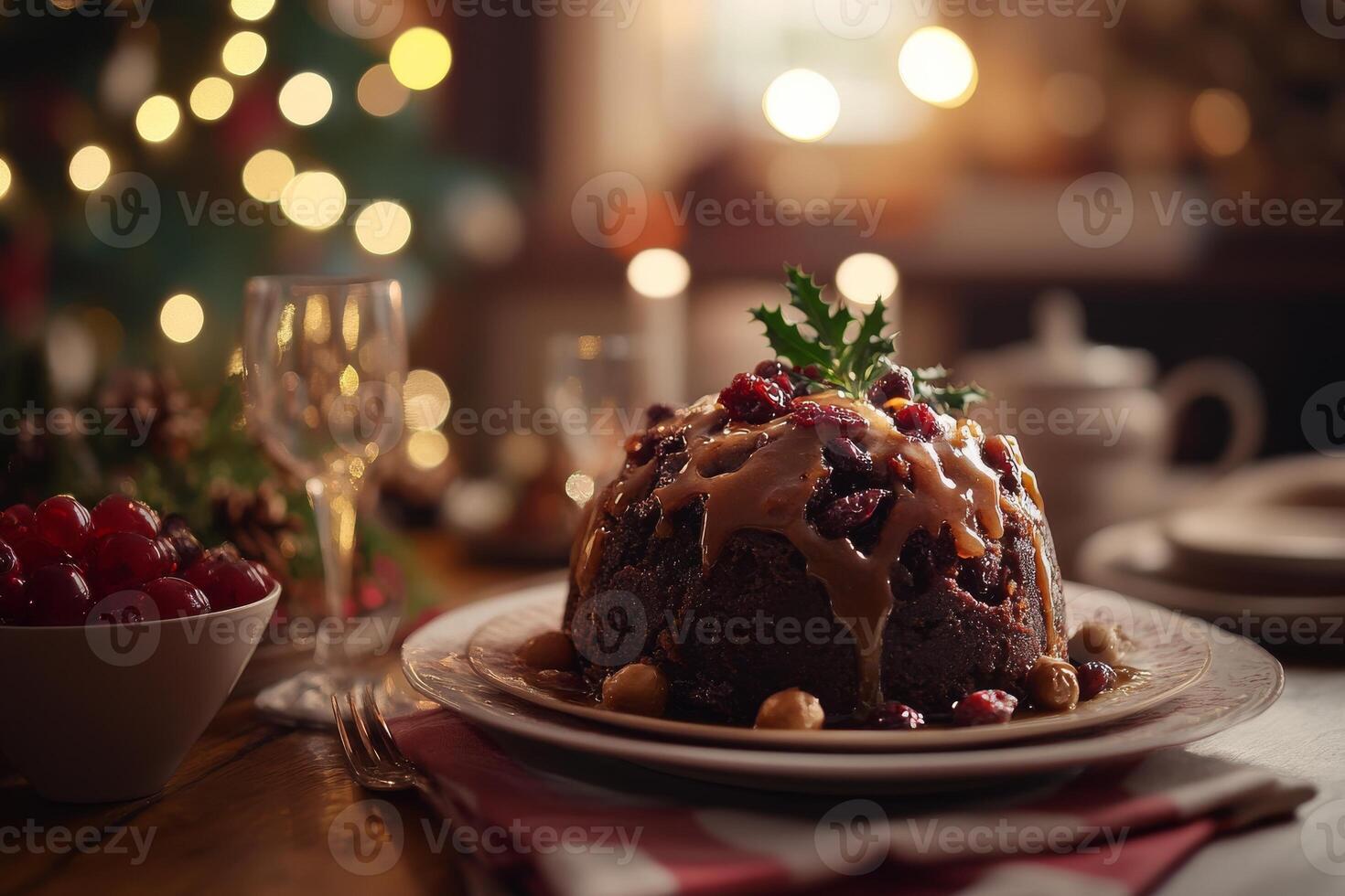 Christmas pudding with cranberries and chocolate on a plate photo