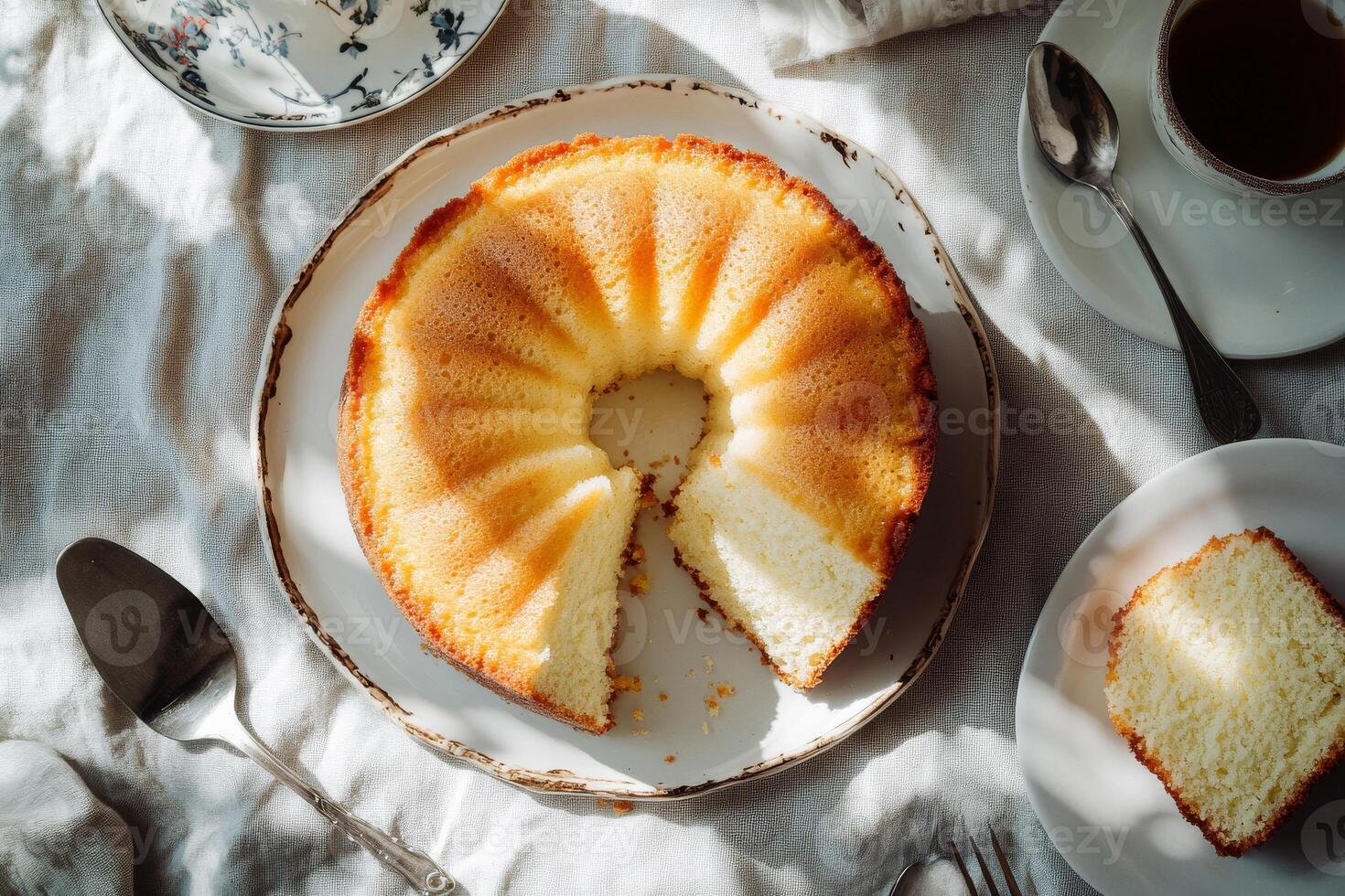 A bundt cake sits on a plate with a fork and spoon photo