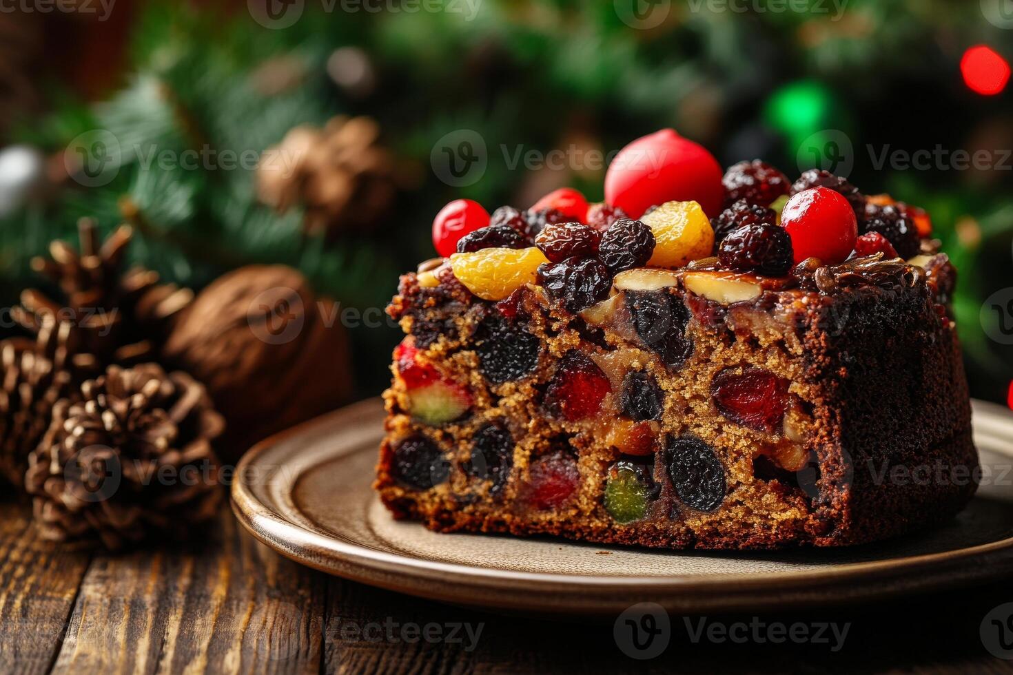 A piece of fruit cake sitting on a plate with a christmas tree in the background photo