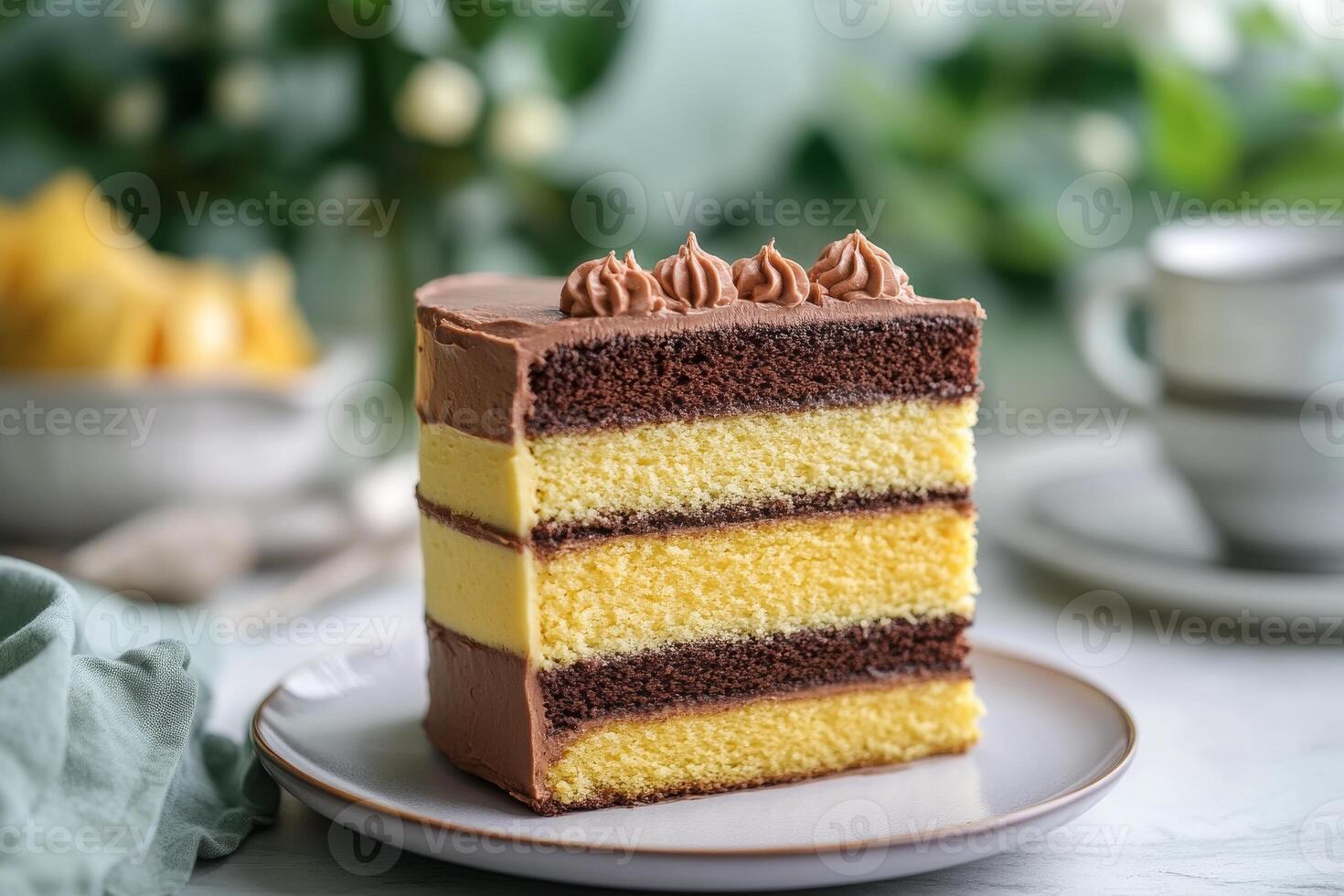 A slice of cake on a plate with a cup of coffee photo