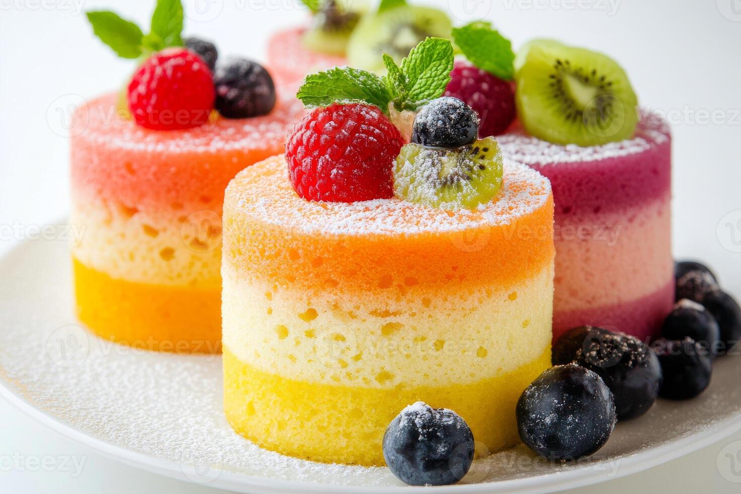 A plate topped with three different colored cakes photo