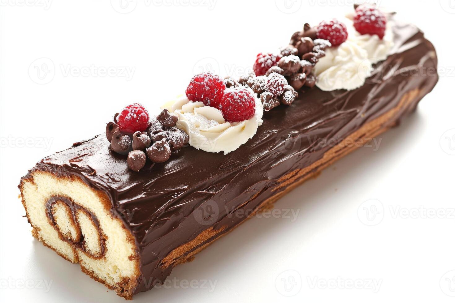 A chocolate roll with raspberries and chocolate photo
