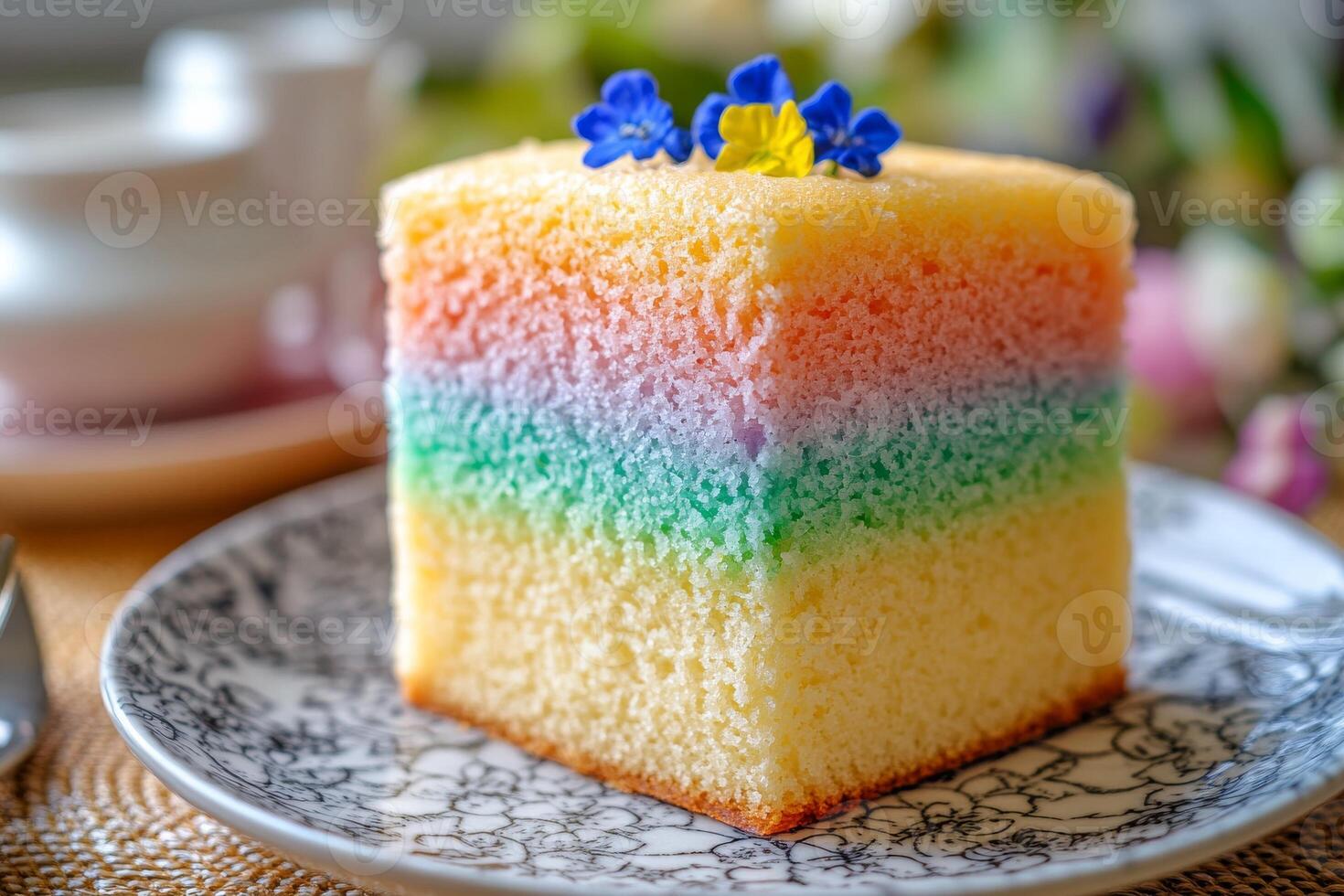 A piece of cake with a rainbow on it photo