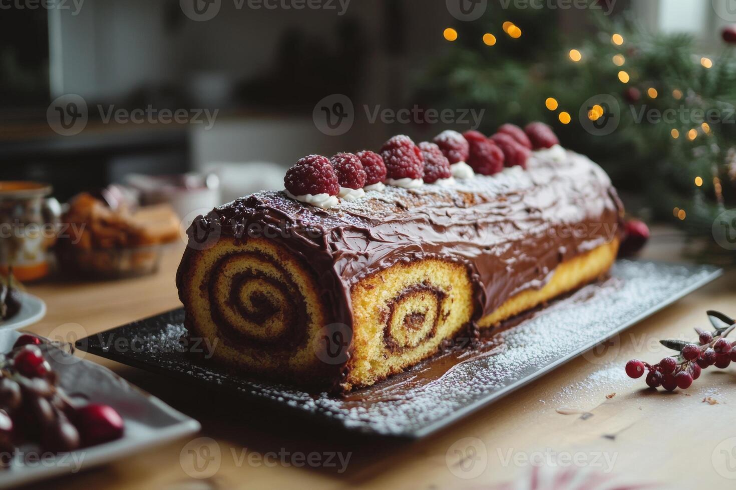 A cake with chocolate icing and raspberries on top photo