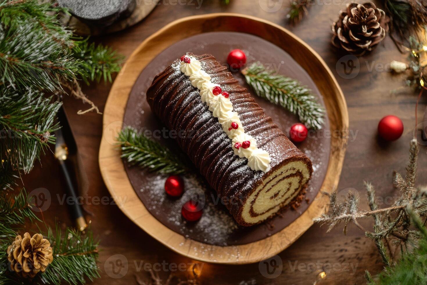 A chocolate roll with cream and pine cones on a wooden table photo
