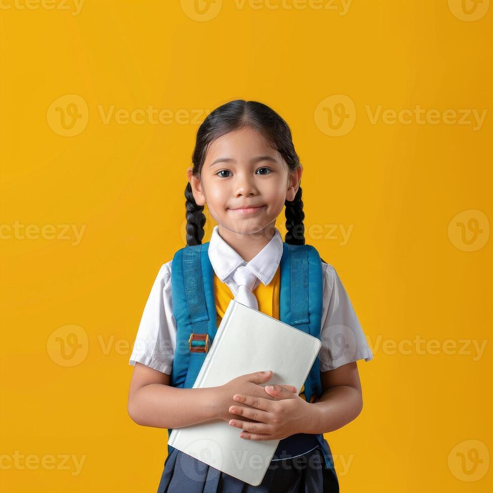 Portrait of a little girl in school uniform holding a notebook and smiling photo