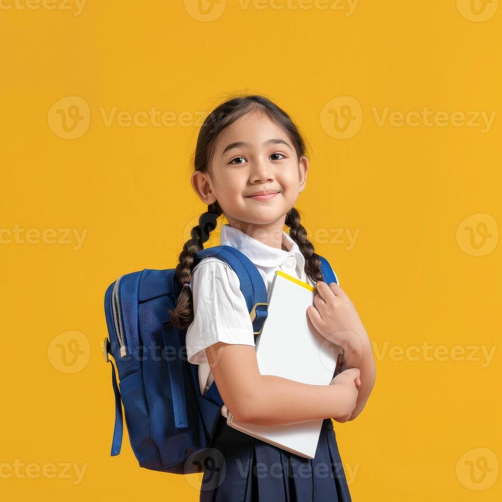 A little girl in school uniform holding a notebook and a backpack photo