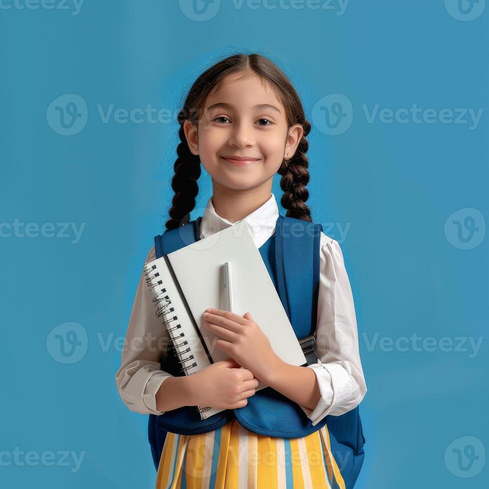 A little girl in a school uniform holding a notebook photo