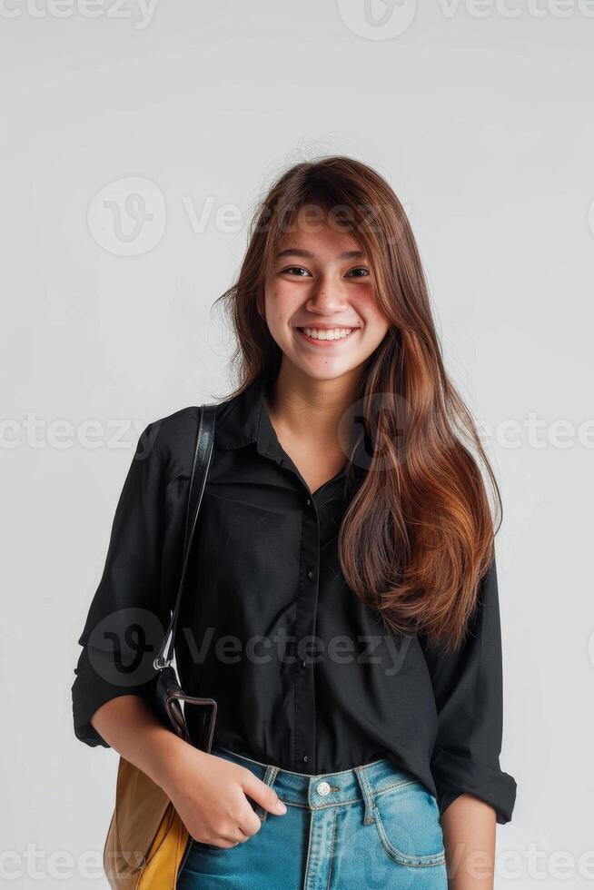 Portrait of asian woman smiling with her handbag on white background photo