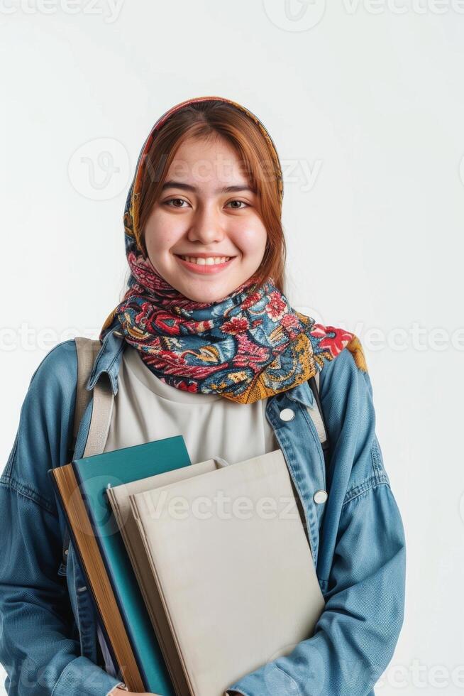 Asian student girl with books and scarf on white background photo