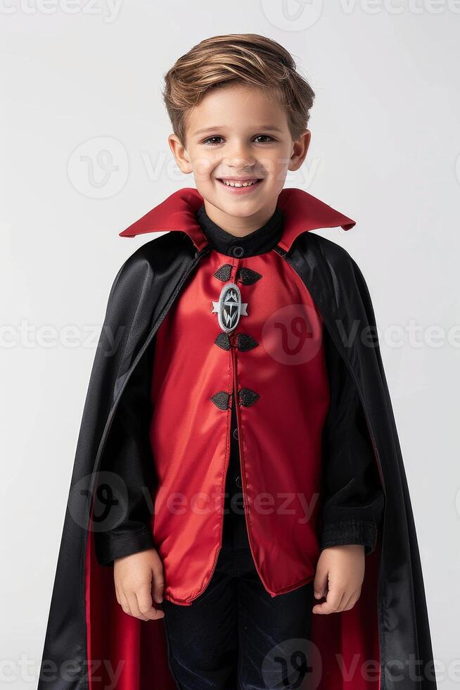A young boy wearing a red and black vampire costume photo