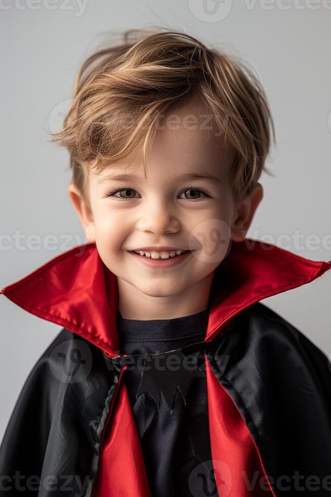 A young boy in a vampire costume smiling photo