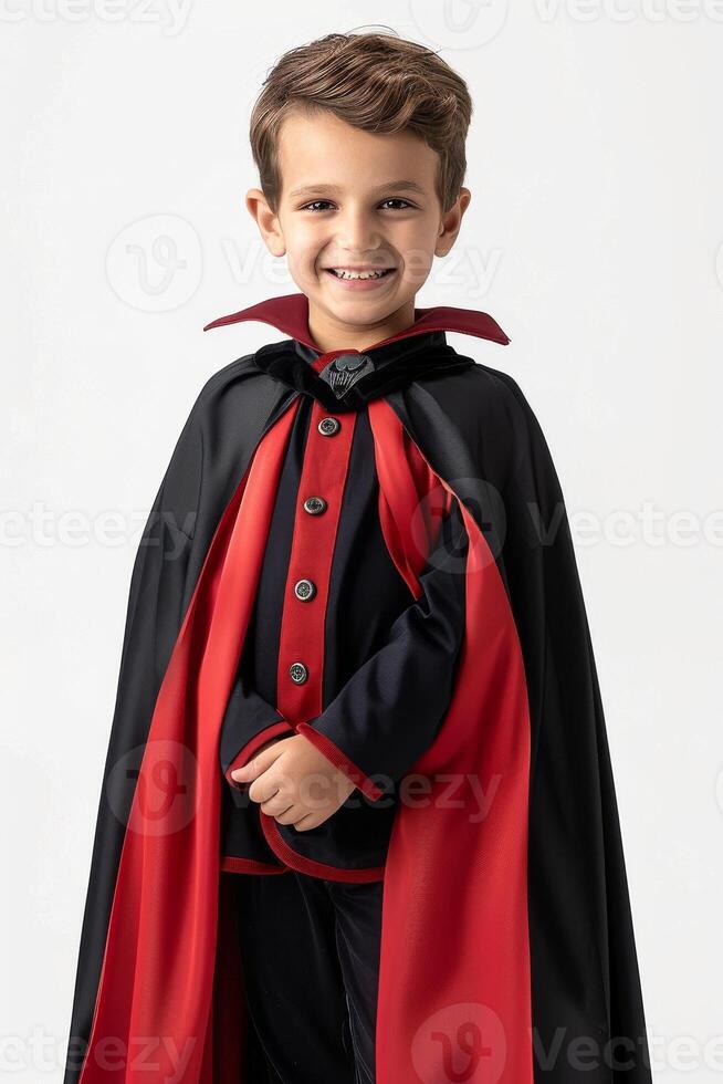 A young boy dressed in a vampire costume photo