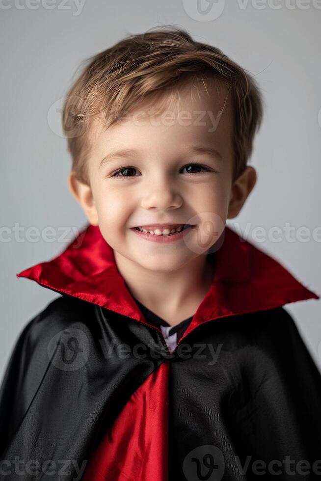 A young boy in a black and red cape smiling photo