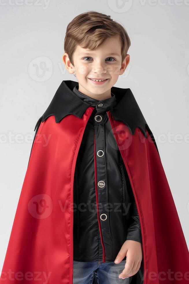 A young boy wearing a red cape and black shirt photo