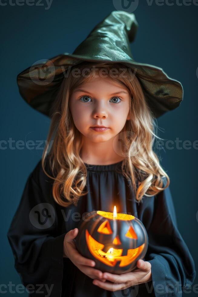 A little girl in a witch hat holding a halloween pumpkin photo