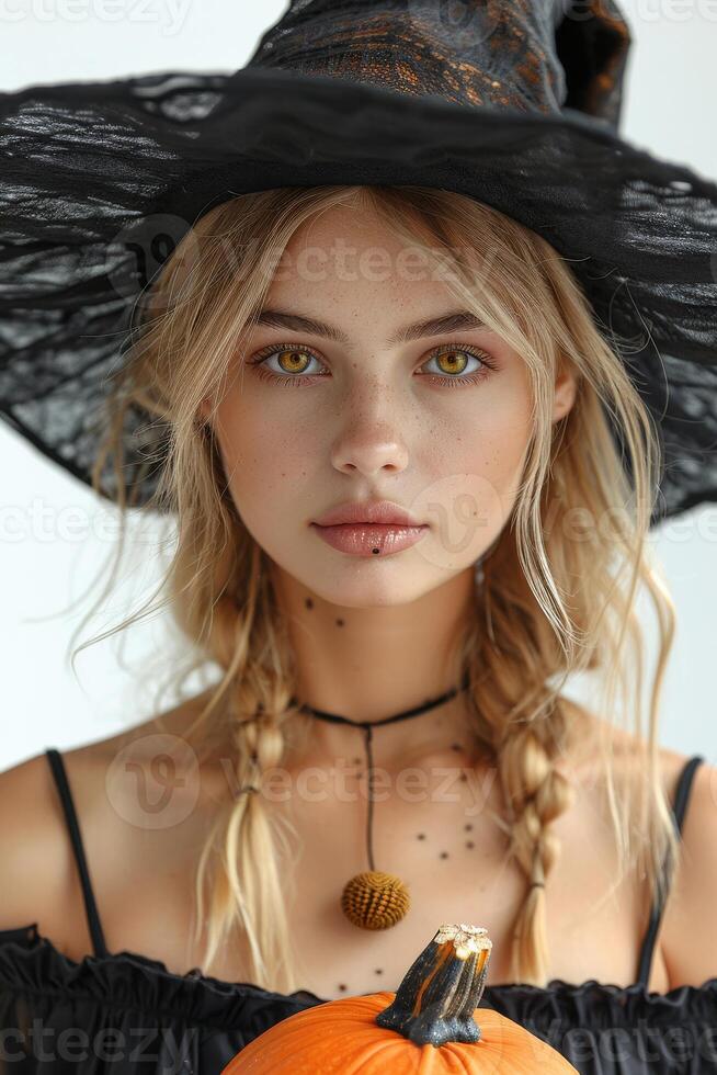 A beautiful young woman in a witch hat holding a pumpkin photo