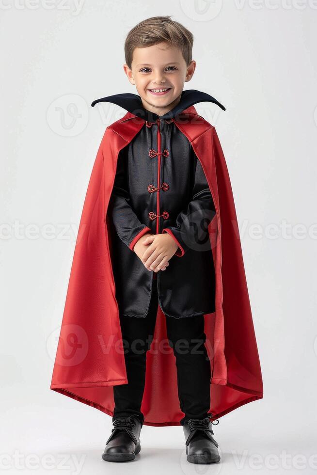 A young boy dressed in a vampire costume photo