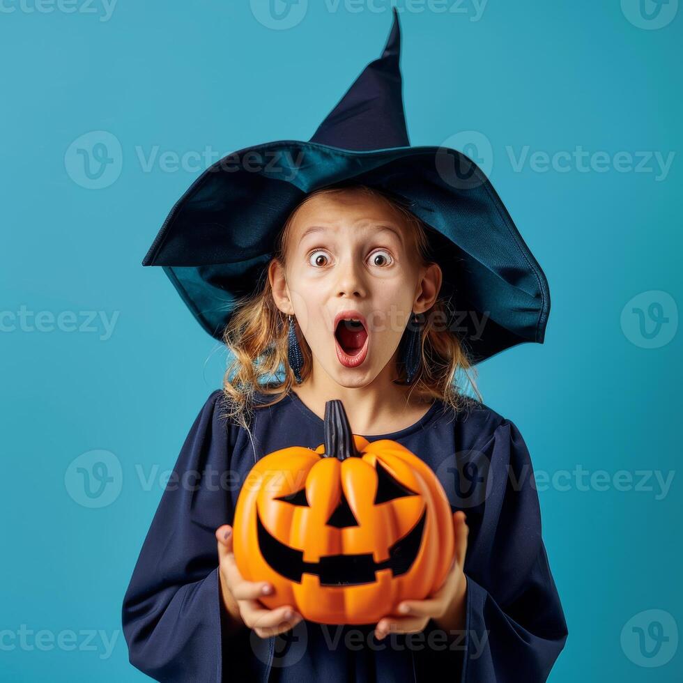 A young girl in a witch costume holding a pumpkin photo