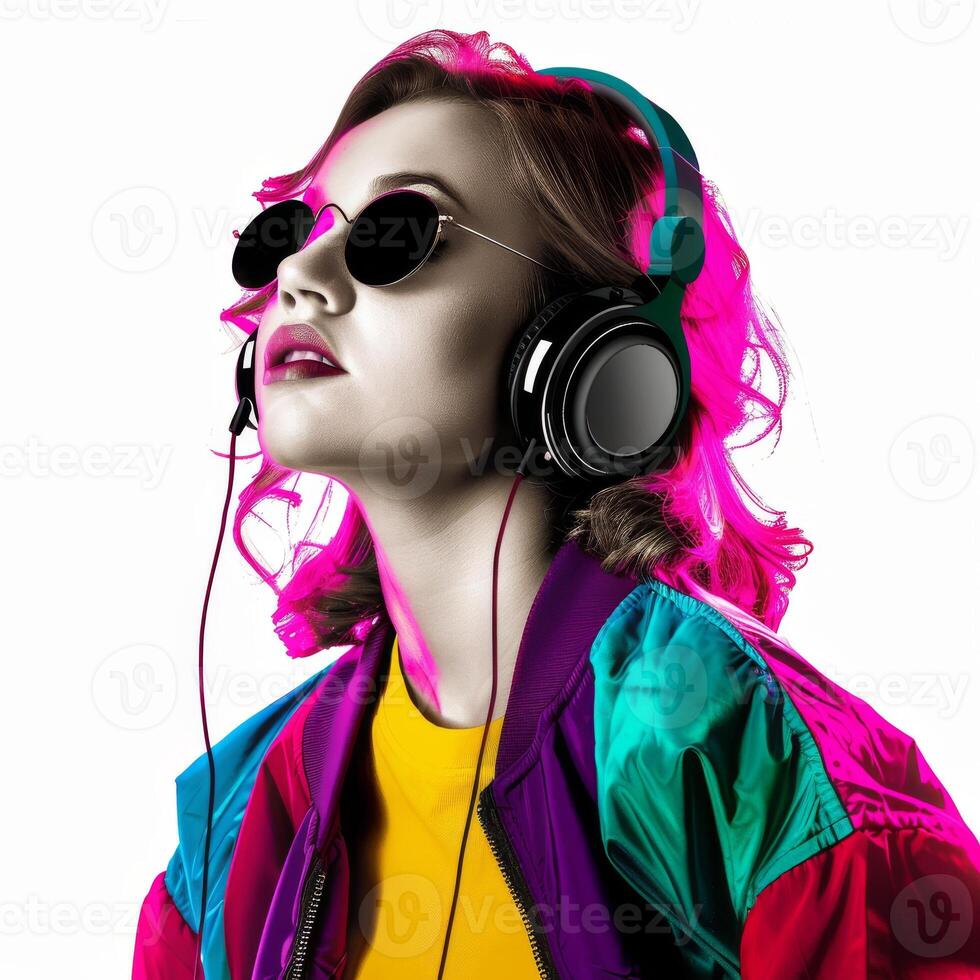 A woman wearing headphones and sunglasses photo