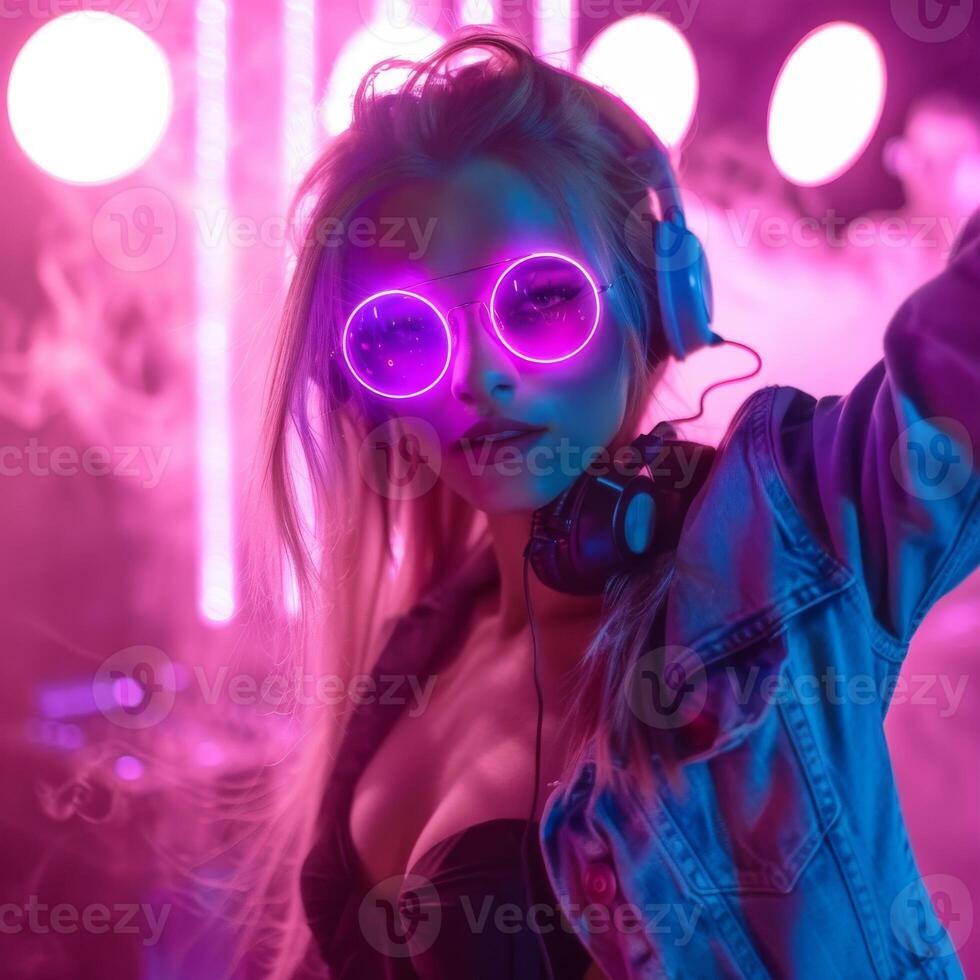 A woman in neon glasses and headphones at a party photo