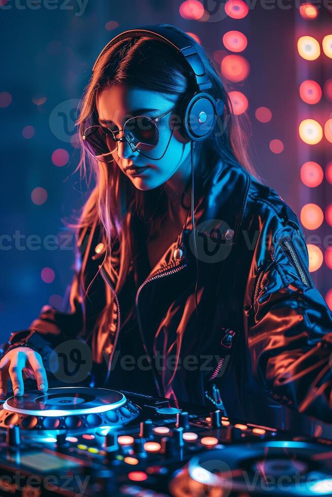 Dj in sunglasses and leather jacket mixing music photo