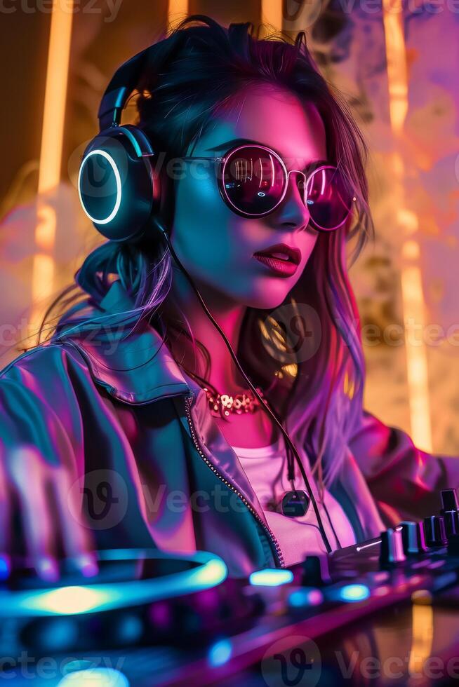 Dj in sunglasses and headphones at a party photo