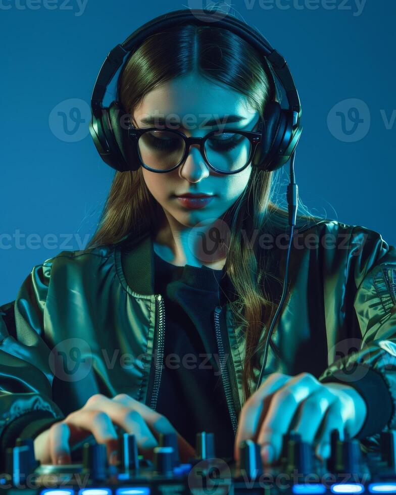 Dj in glasses and headphones mixing music on a dj mixer photo