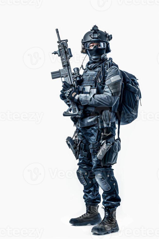 A man in a military uniform holding a gun photo