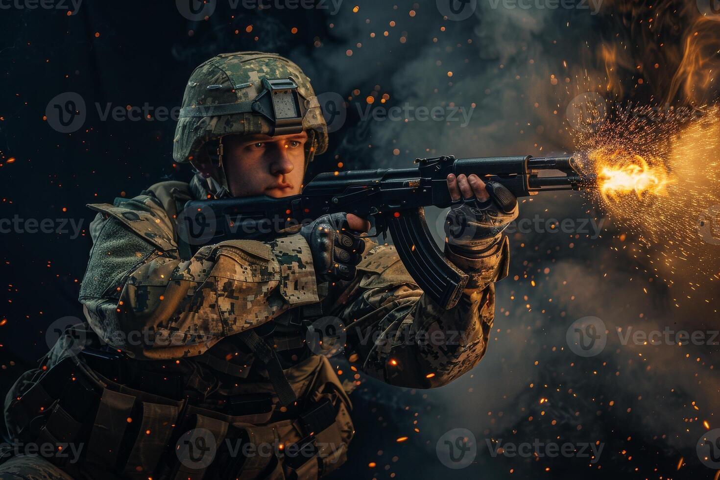 Soldier with ak-47 shooting with fire photo