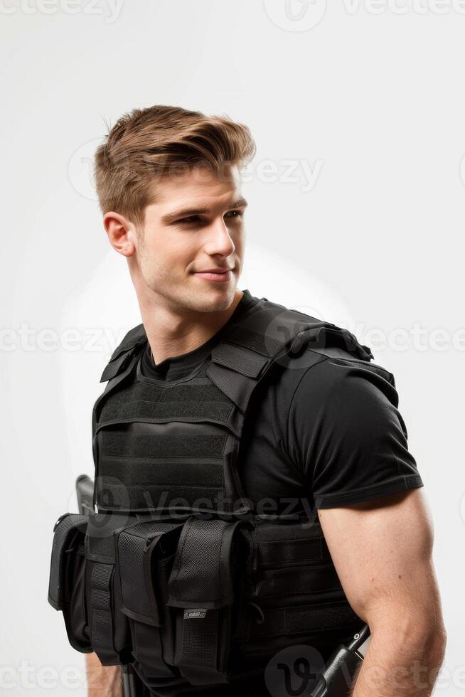 A man in a black shirt and vest holding a gun photo