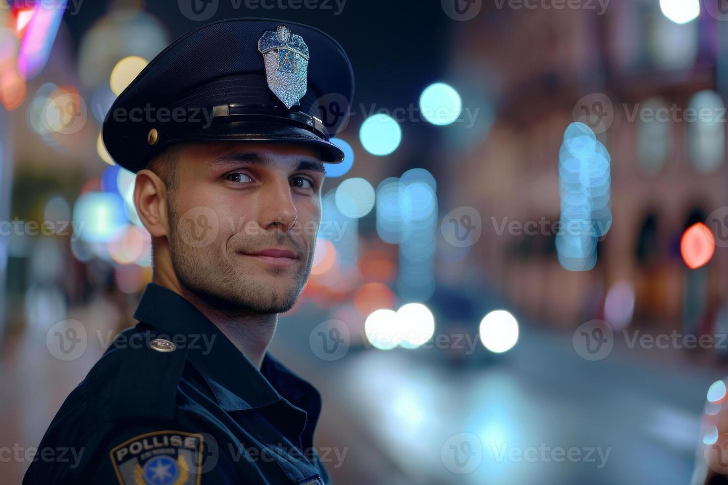A man in a police uniform standing in front of a car photo