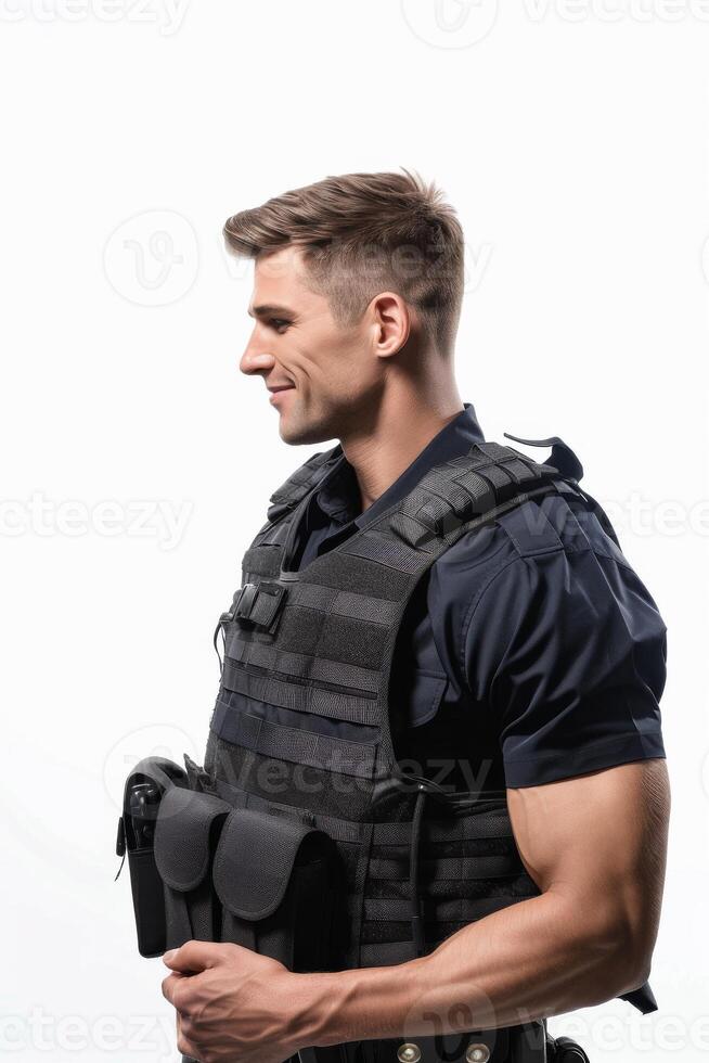 A man in a police vest standing with his hands on his hips photo