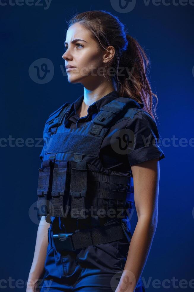 A woman in a police uniform standing against a blue background photo