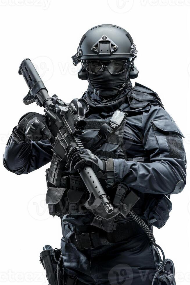 Swat team member with weapon on white background photo