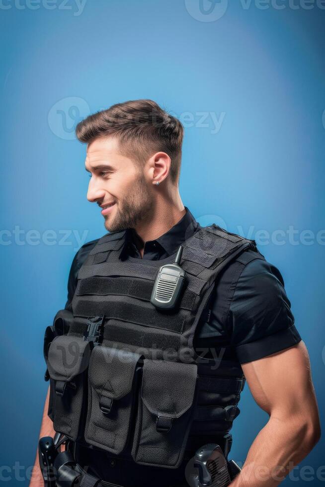 A man in a police vest standing against a blue background photo