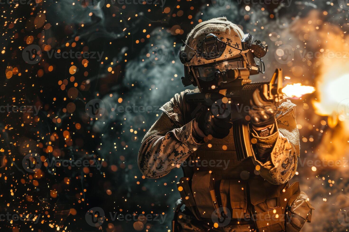 A soldier with a gun is shooting at the dark background photo