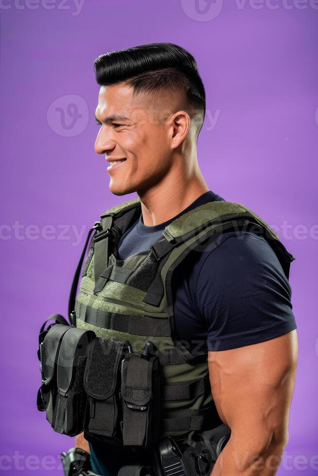 A man in a military vest and helmet photo