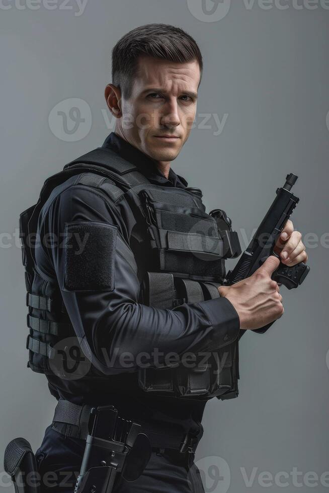 A man in a black vest holding a gun photo