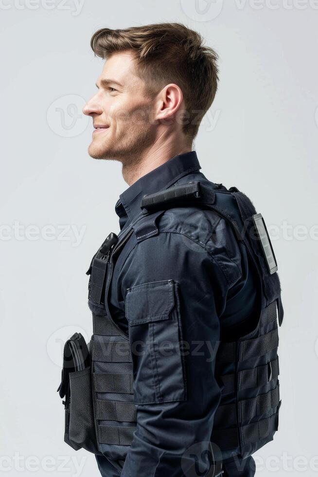 A man in a police vest looking away photo