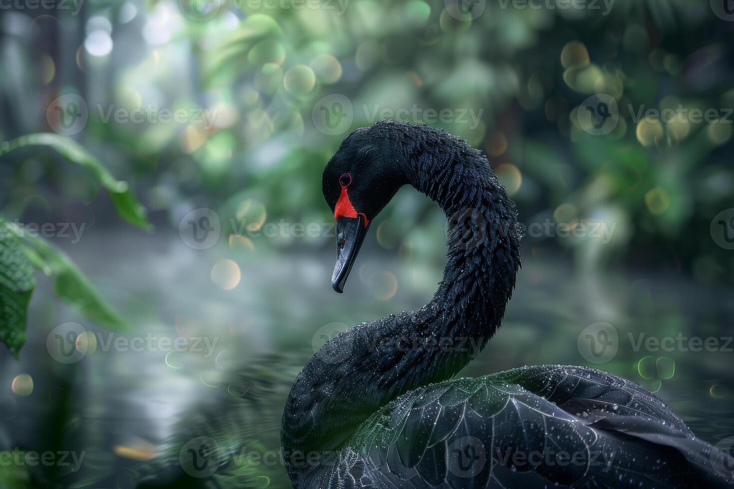 A black swan in the water with leaves and trees photo