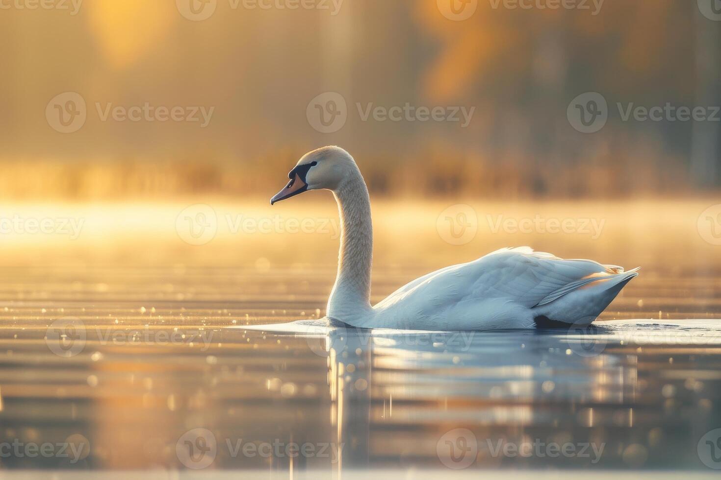 A white swan swimming in a lake at sunrise photo