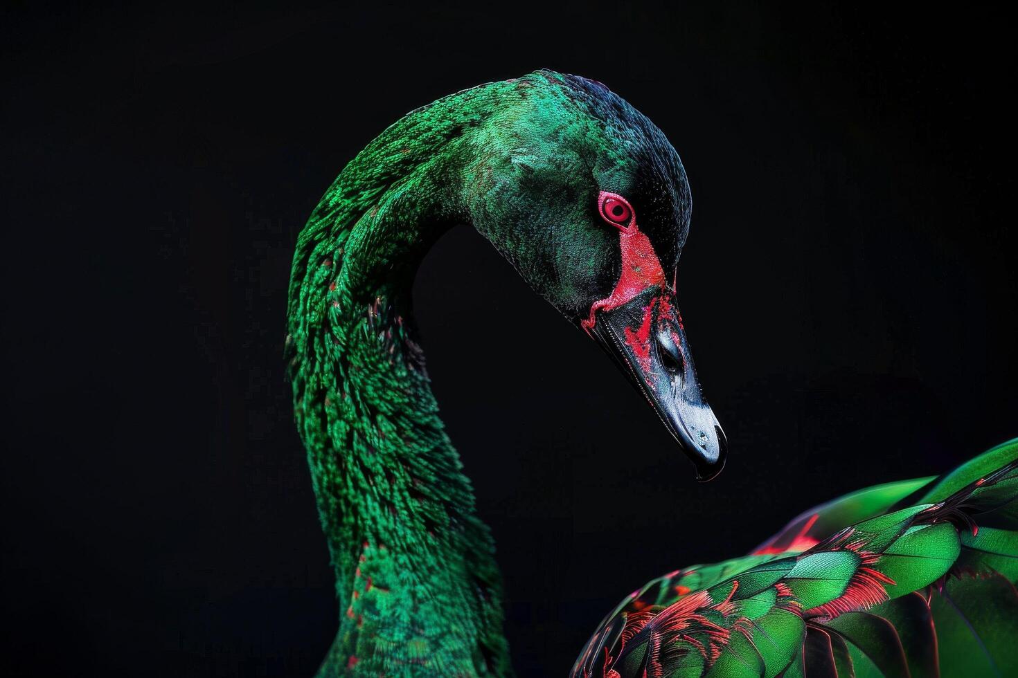 A green and red swan with a black background photo
