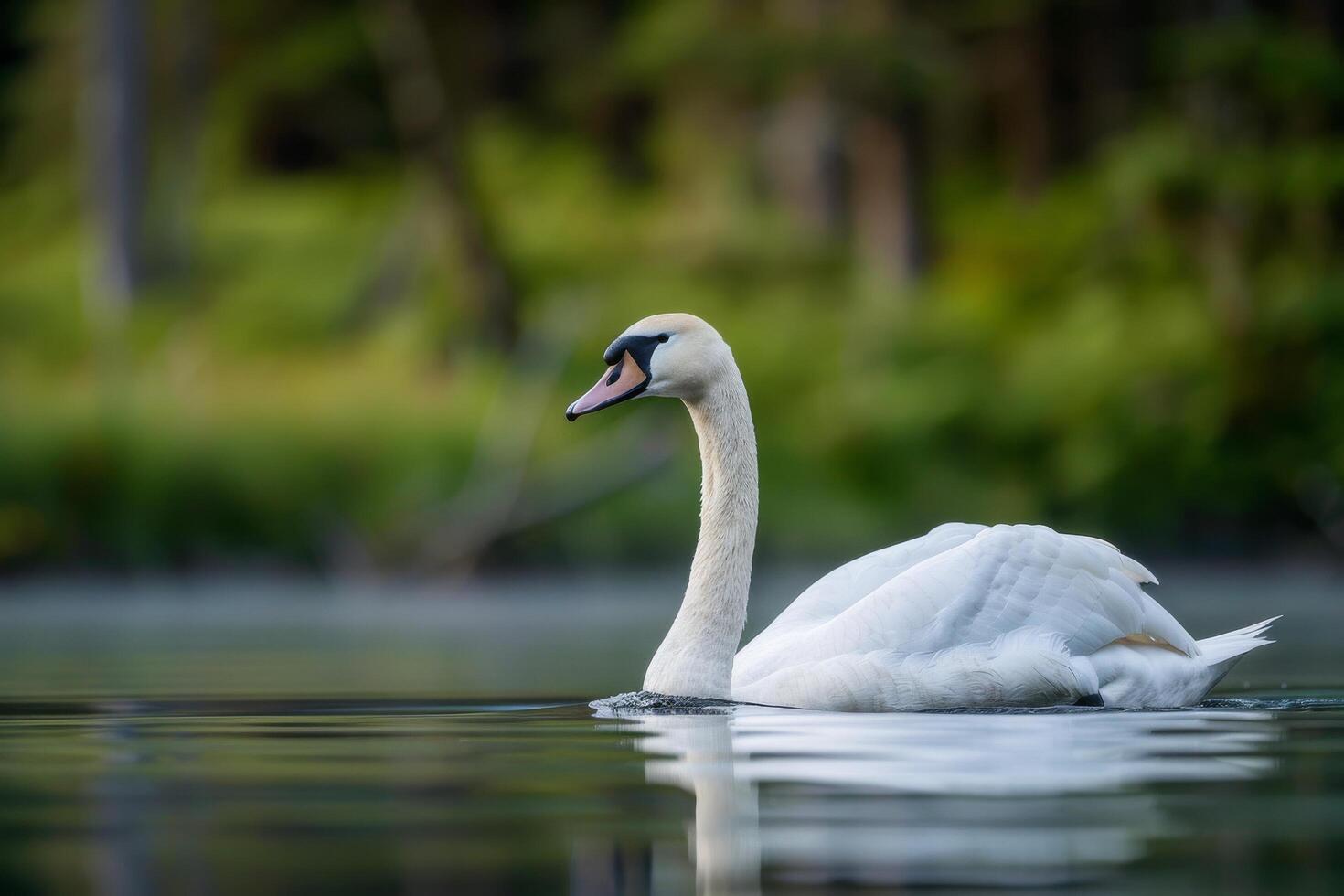 A white swan swimming in a lake with trees in the background photo