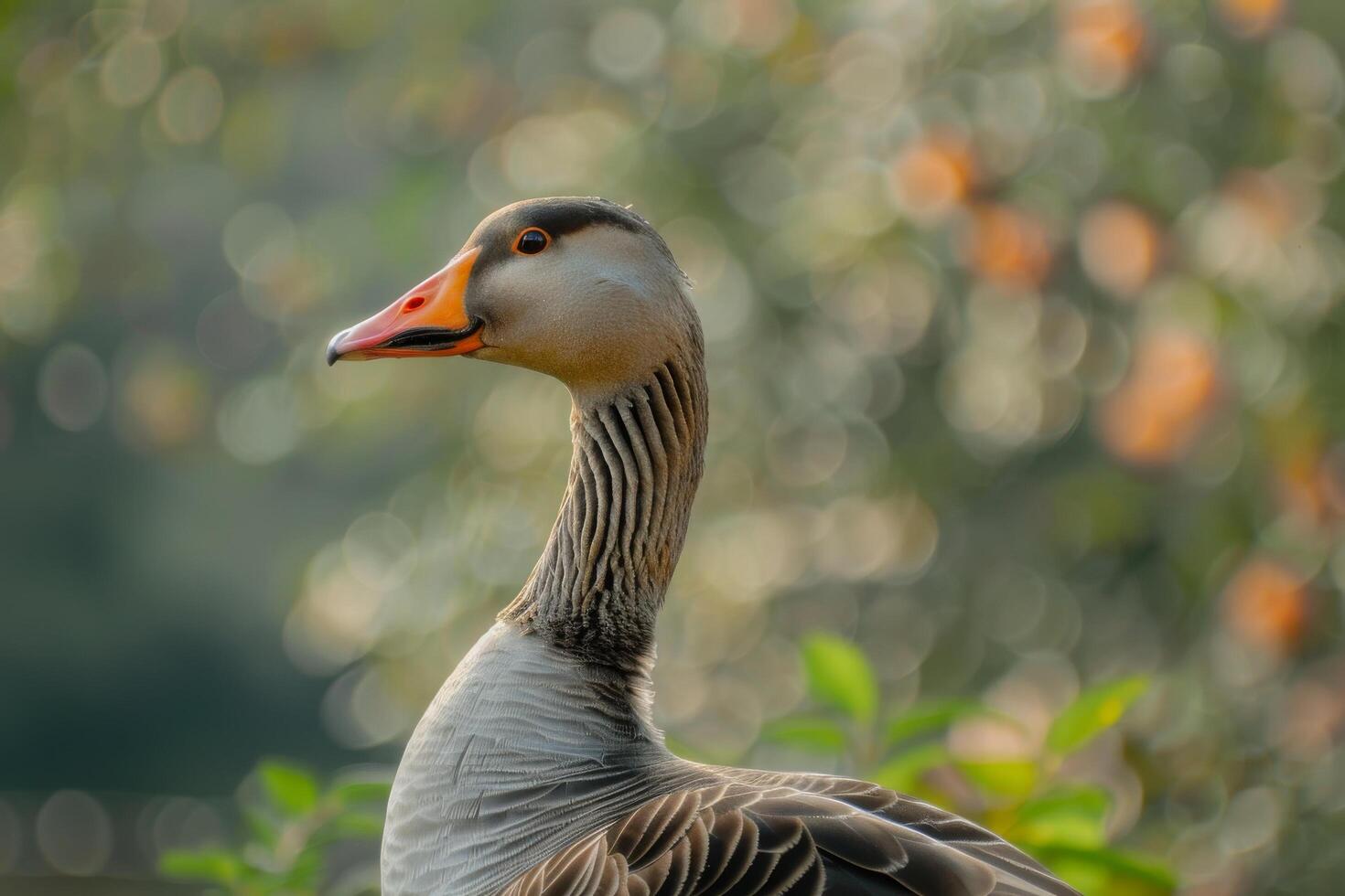 A close up of a goose standing in front of a tree photo