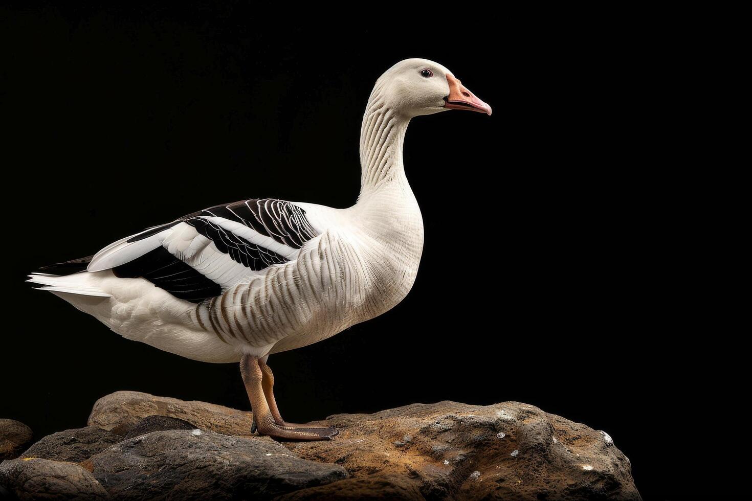 A white and black goose standing on a rock photo