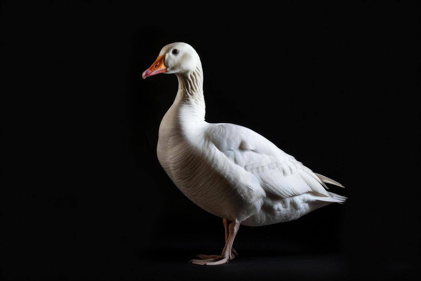 A white goose is standing on a black background photo