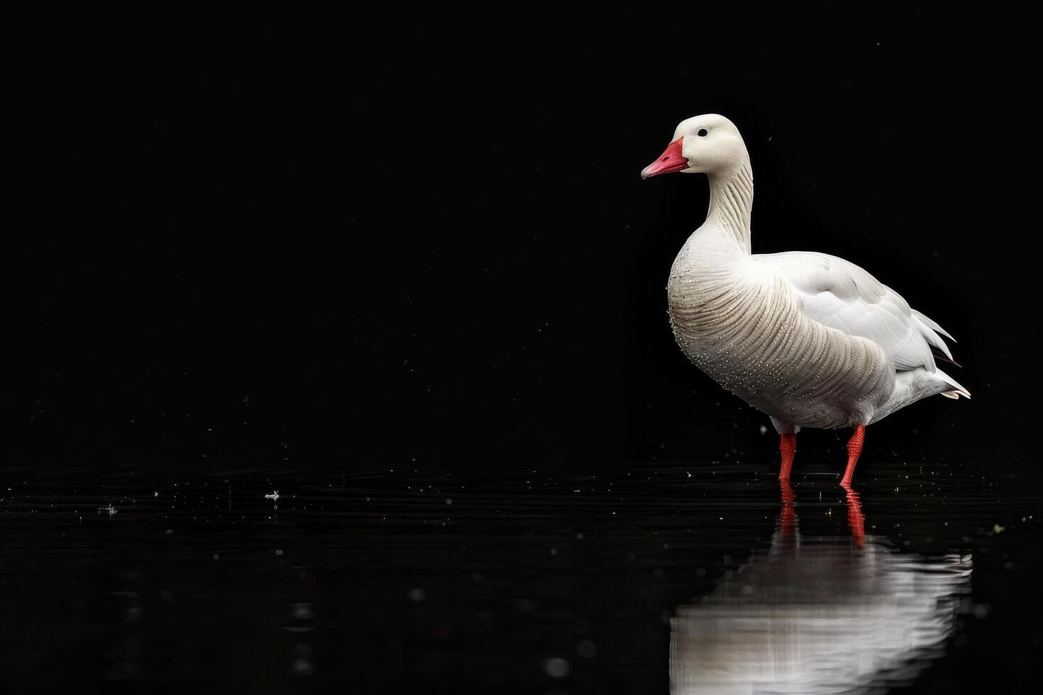 A white goose standing in the water on a black background photo