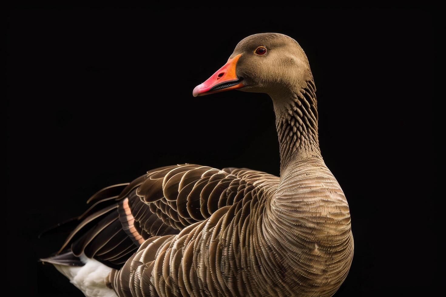 A goose is standing in front of a black background photo